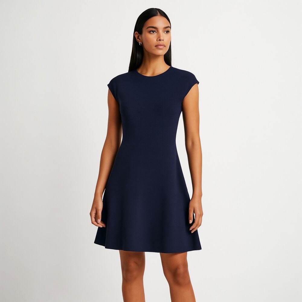 Halogen Blue Crewneck Sleeveless Back Zip A-Line Mini Ribbed Knit Dress Size L